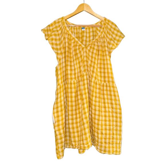 Old Navy Flounce Sleeve Yellow Plaid Mini Swing Dress Women Sz 3X Cotton Cottage - Picture 3 of 11